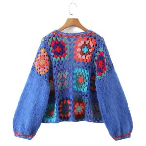 Flat Flower Knitted Hand Crocheted Square Pattern Cardigan Sweater Traditional Vintage