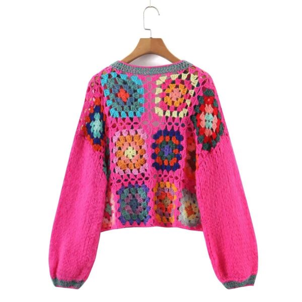 Flat Flower Knitted Hand Crocheted Square Pattern Cardigan Sweater Traditional Vintage - Image 9