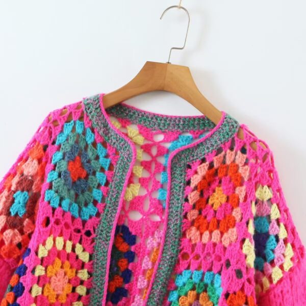 Flat Flower Knitted Hand Crocheted Square Pattern Cardigan Sweater Traditional Vintage - Image 8