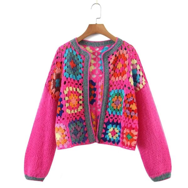 Flat Flower Knitted Hand Crocheted Square Pattern Cardigan Sweater Traditional Vintage - Image 7