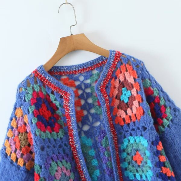 Flat Flower Knitted Hand Crocheted Square Pattern Cardigan Sweater Traditional Vintage