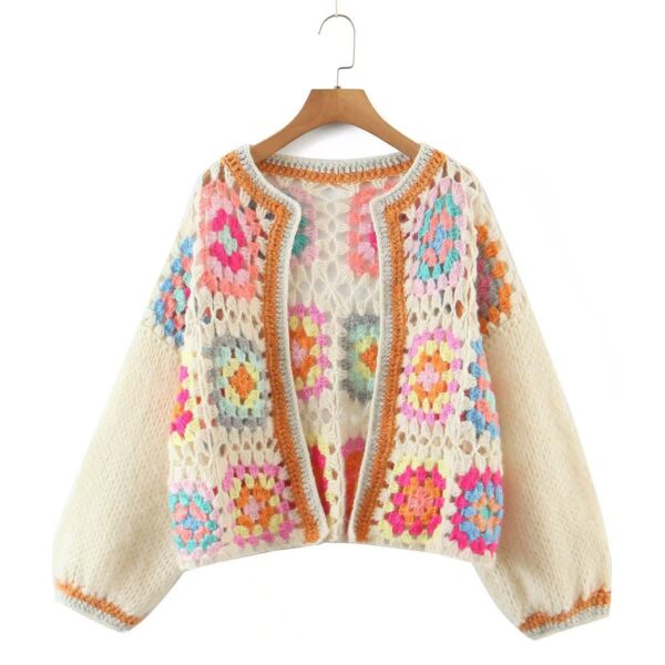 Flat Flower Knitted Hand Crocheted Square Pattern Cardigan Sweater Traditional Vintage - Image 4