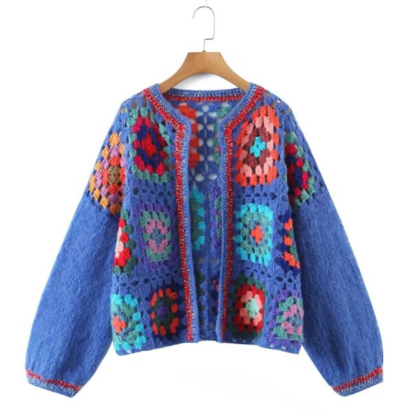 Flat Flower Knitted Hand Crocheted Square Pattern Cardigan Sweater Traditional Vintage - Image 3