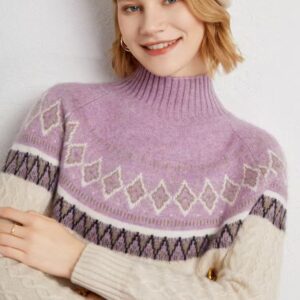 35% Cashmere 65% Wool Ethnic Style Fair Isle Jacquard Cashmere Sweater Women's Half Turtleneck Knitted Thickened Base Wool Sweater Autumn And Winter New Style Sweater