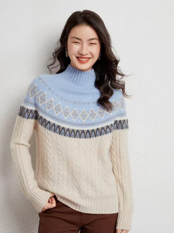 35% Cashmere 65% Wool Ethnic Style Fair Isle Jacquard Cashmere Sweater Women's Half Turtleneck Knitted Thickened Base Wool Sweater Autumn And Winter New Style Sweater - Image 3