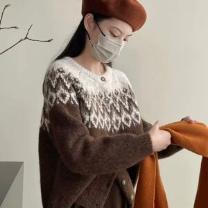 8% Wool Fair Isle Round Neck Women's Autumn And Winter Single-breasted Classic Retro Knitted Wool Cardigan Sweater Women