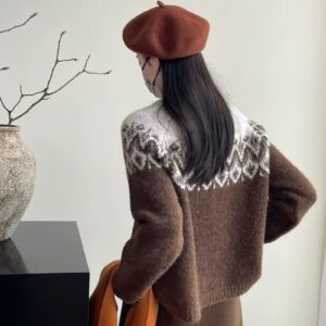 8% Wool Fair Isle Round Neck Women's Autumn And Winter Single-breasted Classic Retro Knitted Wool Cardigan Sweater Women