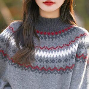 100% Wool Half Turtleneck Women's Autumn And Winter New Jacquard Retro Fair Isle Sweater Thickened Versatile Knitted Pure Wool Sweater