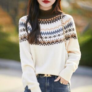 100% Wool Half Turtleneck Women's Autumn And Winter New Jacquard Retro Fair Isle Sweater Thickened Versatile Knitted Pure Wool Sweater