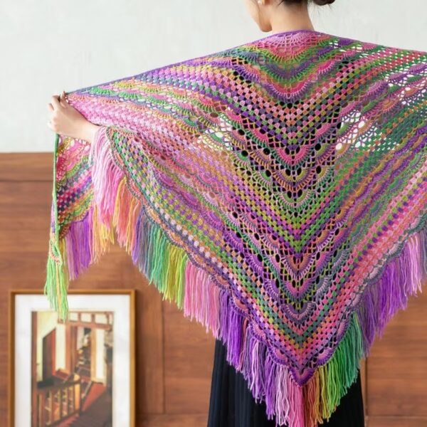 50% Wool Hand-crocheted Tassel Shawl Elegant Beautiful 100% Handmade