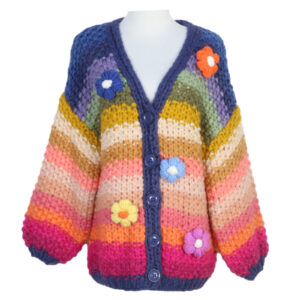 20% Wool New Handmade Crochet Rainbow Striped Cardigan Contrast Color Flower Sweater Coat For Women