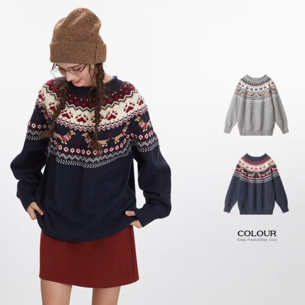 100% Polyester Fair Isle Retro Contrast Color Couple Sweater Men And Women Jacquard Loose Pullover Sweater - Image 3