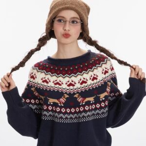 100% Polyester Fair Isle Retro Contrast Color Couple Sweater Men And Women Jacquard Loose Pullover Sweater